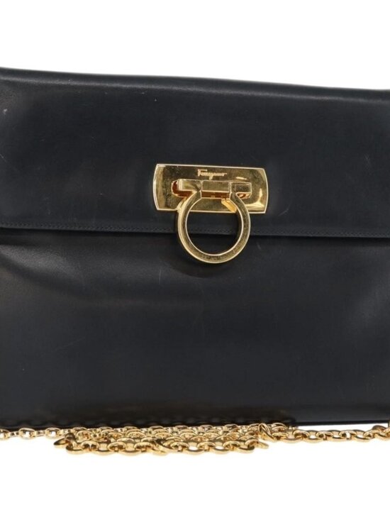 Authentic Salvatore Ferragamo Gancini Chain Shoulder Bag Leather Navy Gold